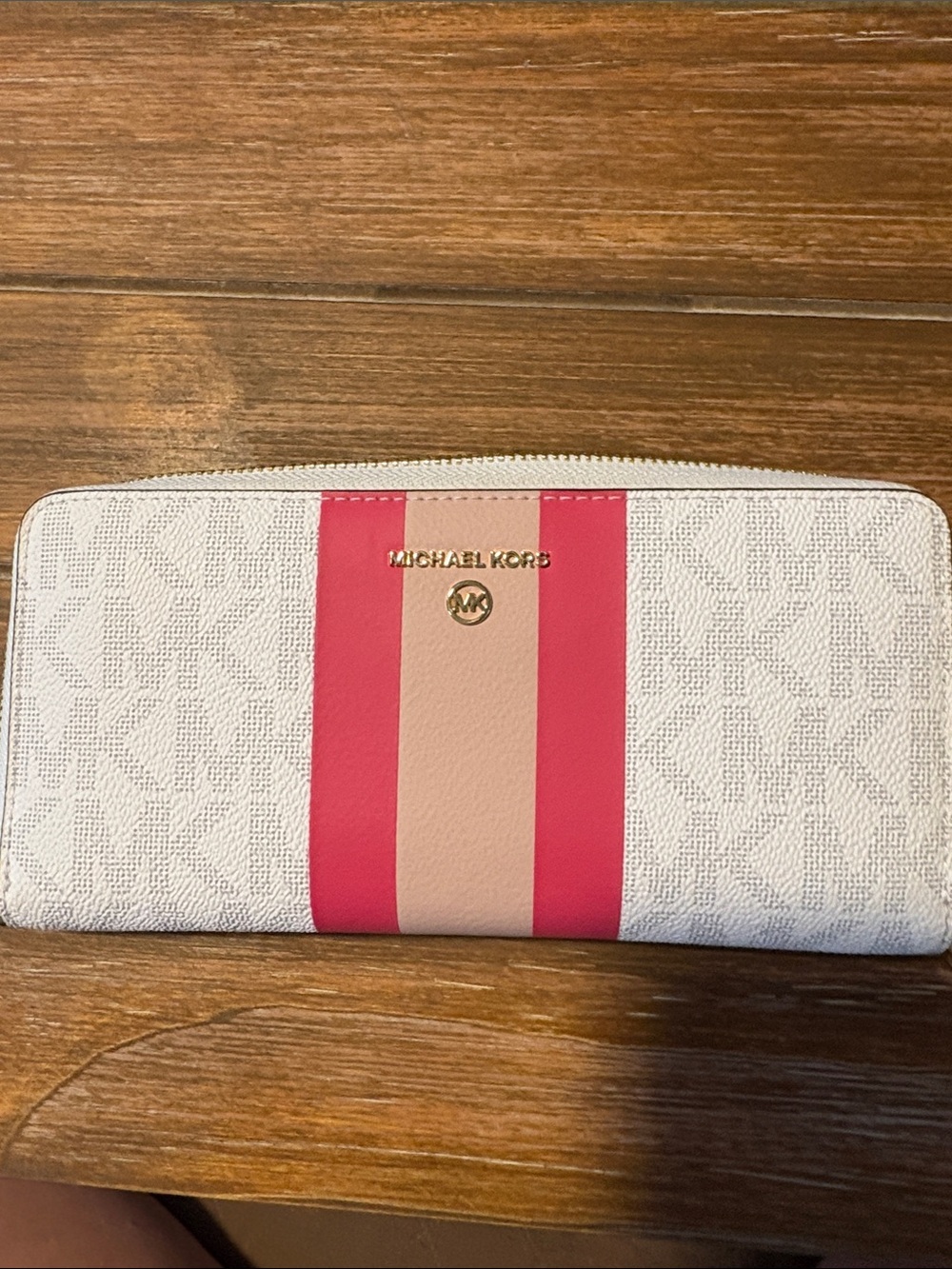 Michael Kors White Signature Zip Wallet with Pink and Blush Center Stripes